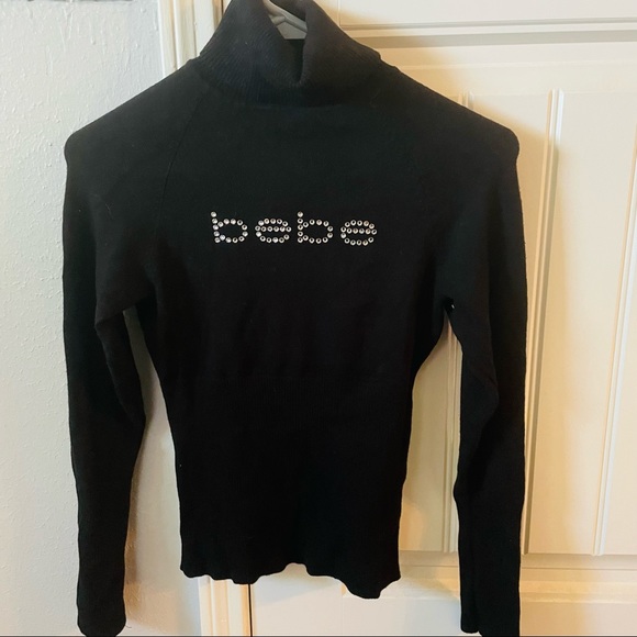 bebe Sweaters Bebe Black Turtleneck Sweater With Rhinestone Logo